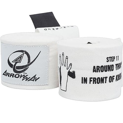 ArrowWay Instructional Hand Wraps w/Printed Directions for Boxing & MMA - 142" Meister Elastic - color: White