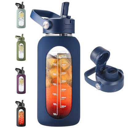CIVAGO 32 oz Glass Water Bottle with Detachable Straw and Time Maker - color: .Navy Blue, size: 32 Ounces