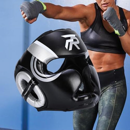 Boxing Headgear Face Cover Forehead and Ear Protection Full Face Protection for Sparring Karate Taekwondo Training Men Women - color: Argent L