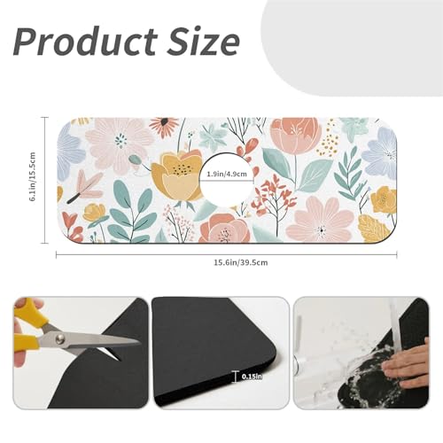 Kitchen Sink Splash Guard，Pastel flowers and leaves-1 Faucet Mat Sink Gadgets-Super Absorbent Fast Drying Mat Drip Catcher for Kitchen, Bathroom,Sink Mat, Dish Drying Mat, Bathroom(15" X 5.5" ) - color: Pastel flowers and leaves-1