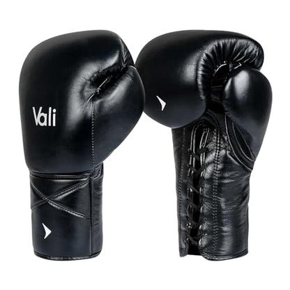 Vali Lancer Leather Lace Up Boxing & MMA Gloves for Pros Sparring - color: Black, size: 14OZ