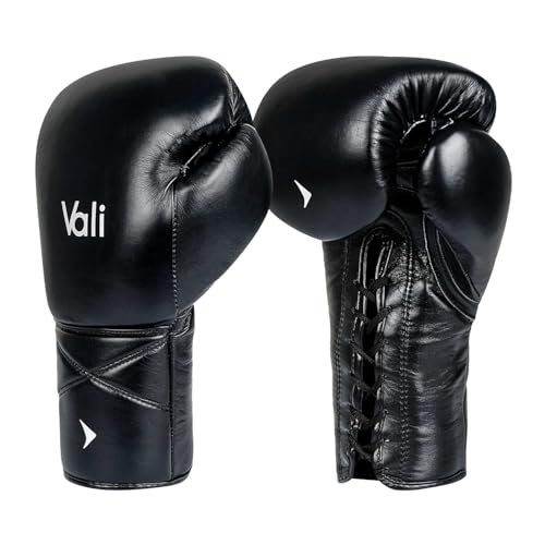 Vali Lancer Leather Lace Up Boxing & MMA Gloves for Pros Sparring - color: Black, size: 16OZ