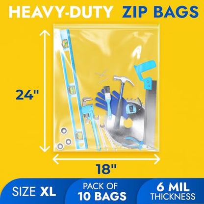 18" x 24" Reclosable Plastic Zip Bags, Pack of 10, 6 Mil Heavy-Duty Clear Poly Bags, Resealable for Food, Clothes, Hardware, Jewelry - size: 18"W x 24"H