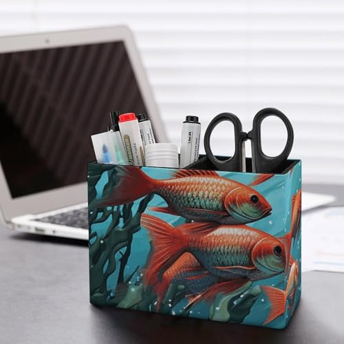 Leather Pencil Holder Fish Aquarium Pen Holder for Desk Square Desk Pen Cup for Home Office Supplies Waterproof Makeup Brush Holders