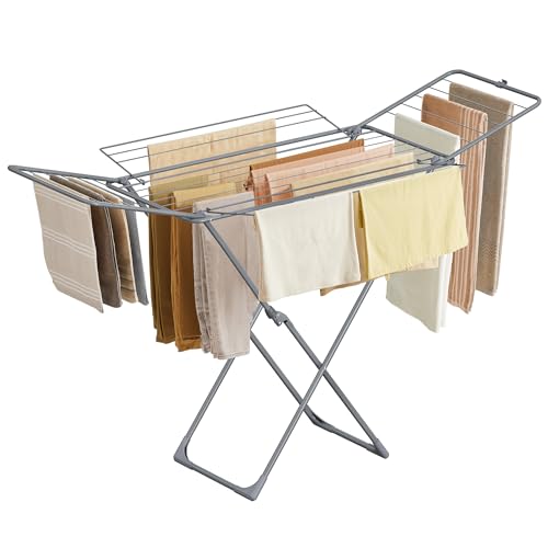 SONGMICS Clothes Drying Rack, Foldable, Heavy Duty, 4 Gullwings - color: Gray, style: 4 Gullwings（31.7"D)