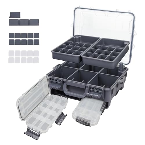 RUNCL Universal Fishing Tackle Box with Two Small Tackle Tray, Removal Inside Design Waterproof Trunk Storage Box, Thicker Floating Airtight Stowaway, Xmas Surprise Fishing Gifts for Men Women - color: Grey