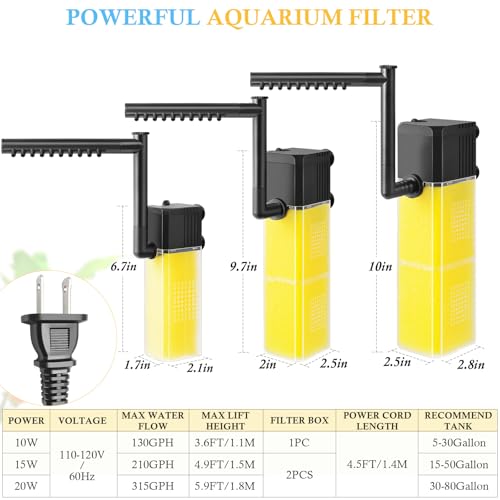 10W 15W 20W Aquarium Submersible Filter, Quiet Fish Tank Internal Filter with Spray Bar, Powerful Aquarium Filter for 5-80 Gallon Tank (10W for 5-30Gallon)
