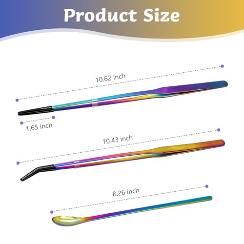 3 PCS Extra Long Reptile Feeding Tongs and Spoon Set Stainless Steel Reptile Tweezers for Aquarium with Rubber Tip Straight and Curved Terrarium Feeder Tools for Bearded Dragon Lizards