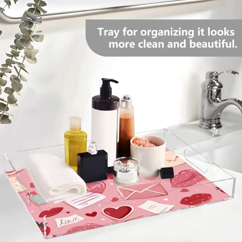 Acrylic Tray Clear Serving Vanity Ottoman Bathroom Coffee Table Countertop Organizer Raised Edge Spill Proof Pink Love Strawberries Hearts Letters - color: Pink Love Strawberries Hearts Letters