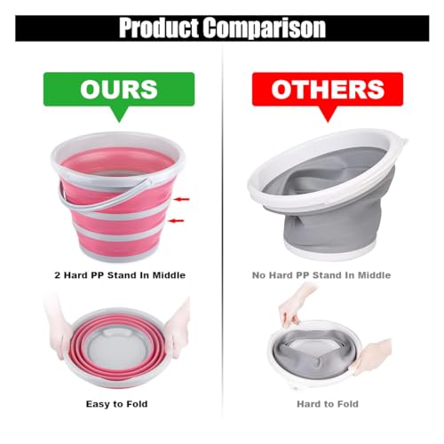 Car Collapsible Bucket, 10L 2.6 Gallon Folding Bucket Auto Cleaning Plastic Water Bucket, Foldable Portable Bucket Space Saving for Indoor Outdoor Car Wash Garden Camping (Pink)