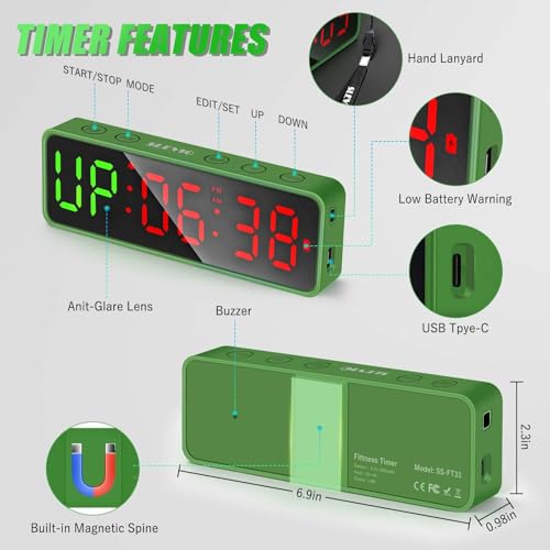 Small Gym Timer Clock Stopwatch Magnetic Workout Interval Timer, Large LED Digital Display, Home Accessories Countdown Clock for Home Gym Garage Schools (Matte Green) - color: Matte Green