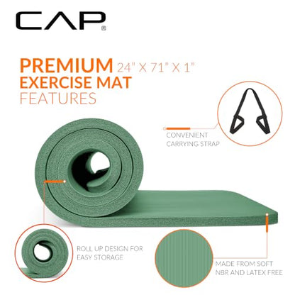 CAP 1" Extra Thick Yoga Mat, Exercise Mat with Strap, Multiple Colors - color: Green