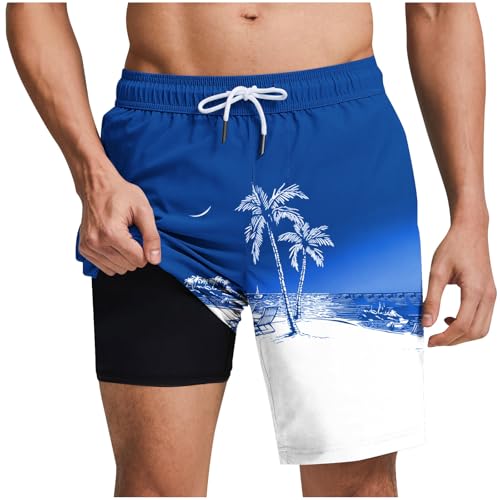 Men's Swim Trunks with Compression Liner Drawstring Bathing Suits Board Beach Shorts with Pockets - color: Blue, size: Small