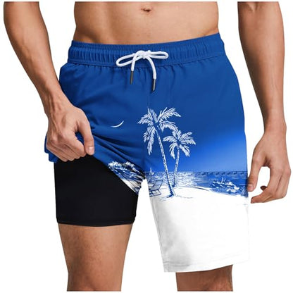 Men's Swim Trunks with Compression Liner Drawstring Bathing Suits Board Beach Shorts with Pockets - color: Blue, size: X-Large