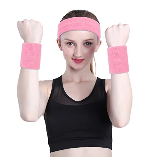 ONUPGO Sweatband Set Sports Headband Wristband Set Sweatbands Terry Cloth Wristband Wrist Sweatband Headbands Moisture Wicking Sweat Absorbing Head Band - color: Light Pink