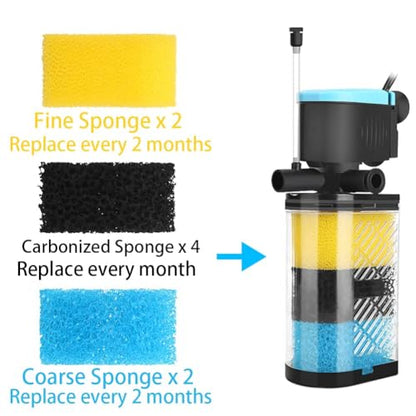 Aquarium Replacement Filter Sponge, Fish Tank Filter Replacement Parts, 8 Sponge Blocks(2 x Coarse Sponge, 2 x fine Sponge, 4 x Carbonized Sponge)