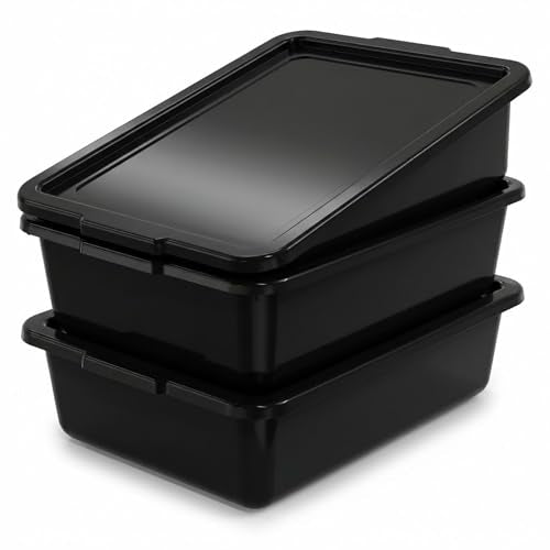 3-Pack 13 L Commercial Bus Tubs/Tote Box with Lids, Black Plastic Storage Wash Basin Tub - color: Black, size: 13L-Black with Lid