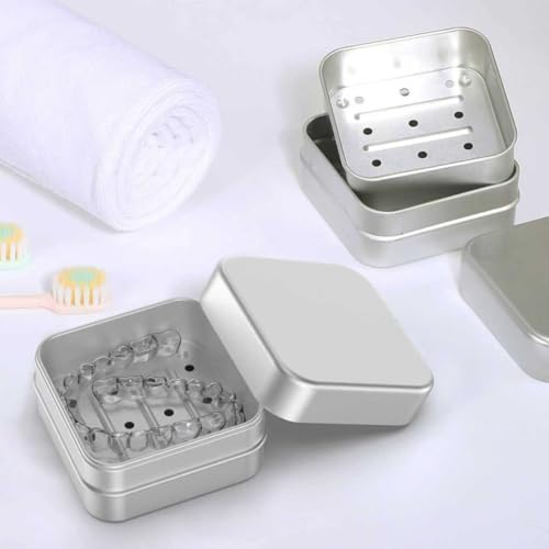 Aluminum Retainer Case Compatible with Invisalign,2 Pack Durable Denture Holder Orthodontic Aligner Holder Mouth Guard Case Retainer Soaking Cups for Travel, Camping, Office