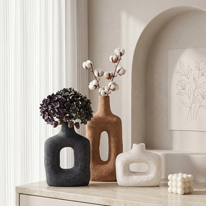 DREAMLOOM Ceramic Vase Set of 3, Modern Rustic Flower Vases for Pampas Grass, Dried & Fresh Flowers, Farmhouse Decorative Vase for Living Room Bedroom Kitchen Shelf Centerpiece, Rust