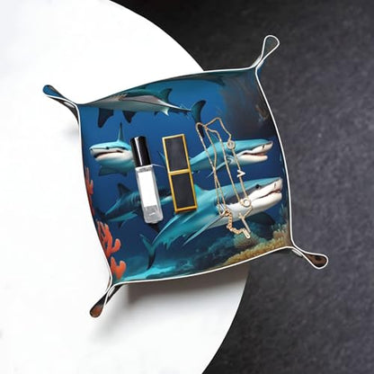 Medium Leather Storage Tray Exquisite Submarine Shark Coral Pattern for Small Items Multifunctional Foldable and Durable - size: Medium