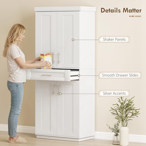HOMCOM 72" Kitchen Pantry Cabinet, Freestanding Tall Storage Cabinet with 4 Doors, Drawer and 3 Adjustable Shelves for Dining Room, White - color: White