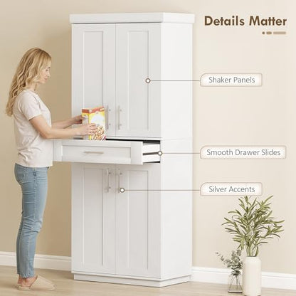 HOMCOM 72" Kitchen Pantry Cabinet, Freestanding Tall Storage Cabinet with 4 Doors, Drawer and 3 Adjustable Shelves for Dining Room, White - color: White