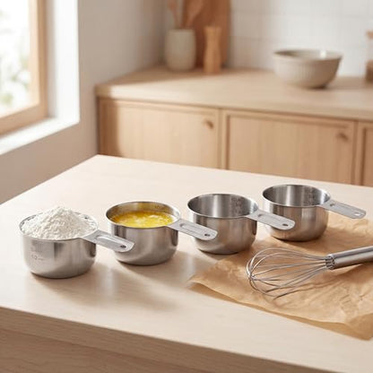 Measuring Cups, 1 Cup Stainless Steel Cup 4 Packs 304 stainless with non-slip handle, works for wet & dry ingredients, 240ml/8oz kitchen baking tool.