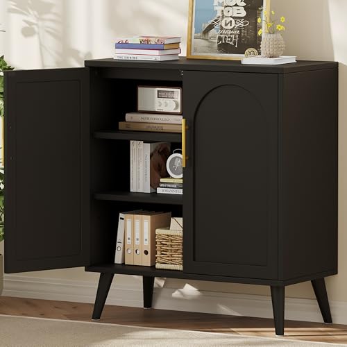 15.7" D Black Buffet Cabinet with Storage, Accent Buffet Sideboard with Adjustable Shelf and Solid Wood Legs, Modern Floor Storage Cabinet for Kitchen, Living Room, Black