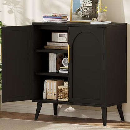 15.7" D Black Buffet Cabinet with Storage, Accent Buffet Sideboard with Adjustable Shelf and Solid Wood Legs, Modern Floor Storage Cabinet for Kitchen, Living Room, Black