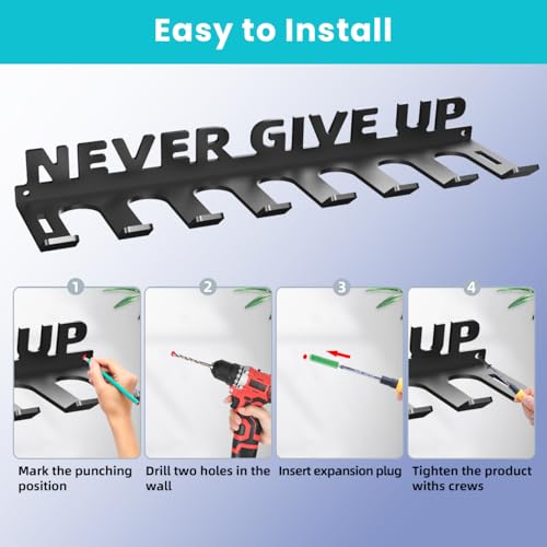 Baseball Bat Holder Wall Mount Softball Storage Hooks Metal Rack Hanger Fence on Wall Home and Field for Display Heavy Duty Steel Organizer Hanging Sports Equipment Holds 14 Bats Never Give UP - style: Never