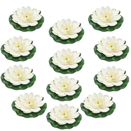 12pcs Floating Foam Lotus Flowers with Lily Pads, Artificial Pond Plants Ornaments for Pool Aquarium Water Decoration, White