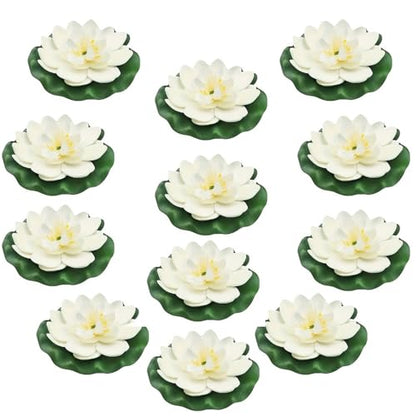 12pcs Floating Foam Lotus Flowers with Lily Pads, Artificial Pond Plants Ornaments for Pool Aquarium Water Decoration, White