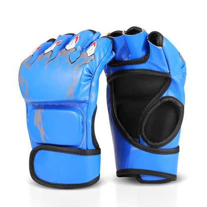 Flexzion MMA Gloves Fingerless Boxing Gloves for Men Women and Teen Youth, UFC Grappling Krav MAGA Kickboxing Gloves for Training Punching Bag Muay Thai Hitting Mitts Cutoff Martial Art Gloves - color: Blue