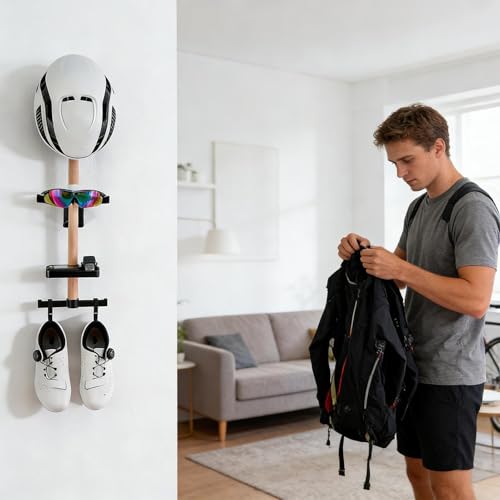 Wood Wall Storage Rack – Solid Mounted Organizer, Bicycle Gear Holder, Helmet Glasses Speedometer Shoe Stand | Space Saving Display, Wall Mounted Unit for Bike Accessories - size: Adhesive version