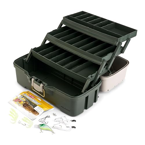 Plano Three-Tray Tackle Box Bass Kit, Tan/Green, Rust-Proof Brass Latch, Top-Access Tray Compartments with Deep Storage, Made in the USA, Portable Fishing Gear Storage Organizer - style: Bass