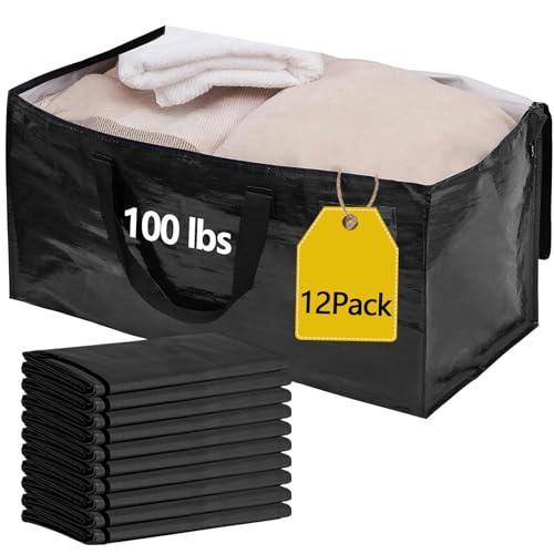 12 Pack Waterproof Moving Storage Bags, 100 lbs Extra Large Heavy Duty Totes with Reinforced Handles & Strong Zippers, Reusable Moving Box Alternative for Packing Moving Household Storage, 95L, Black - color: Black, size: 12 Pack