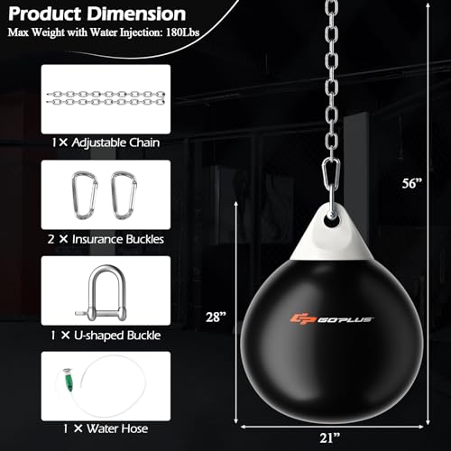 Goplus Water Aqua Bag, 21'' 180 Pound /18” 110 Pound Heavy Punching Bag with Adjustable Metal Chain, Water Injection Hose, Boxing Training Bag for Adults Fitness, MMA - style: Black-21”, 180LBS