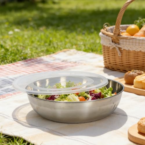 Extra Large Stainless Steel Salad Bowl with Lid and Salad Servers, Wide Mouth Mixing Bowl, Stackable Food Prep Bowl for Kitchen, Fruit, Pasta, Party, Leftovers