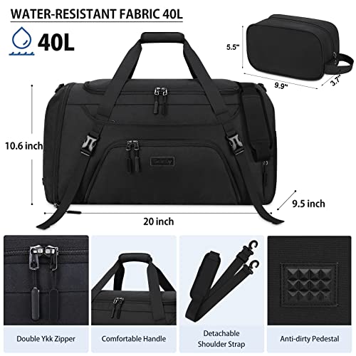 Gym Duffle Bag for Women Men 40L Waterproof Sports Travel Duffel Bags with Shoe Compartment,Wet Pocket Large Weekender Overnight with Toiletry Bag,Black - size: 40L