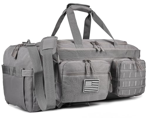 LHI 50L Tactical Duffle Bag for Men, 3-in-1 Gym Duffle and Backpack, Shoe Compartment, Laptop Sleeve and MOLLE, Carry-On Travel Weekender and Overnight Bag – Gray - color: Gray