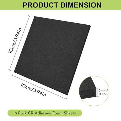 8 Pcs Adhesive Foam Padding Sheets 4” X 4” X 1/8”/3mm Thick,Black Closed Cell CR Foam Pads Anti-Slip,Neoprene Rubber Pad Self Stick for Furniture Protection,Containers,Halloween Decor,