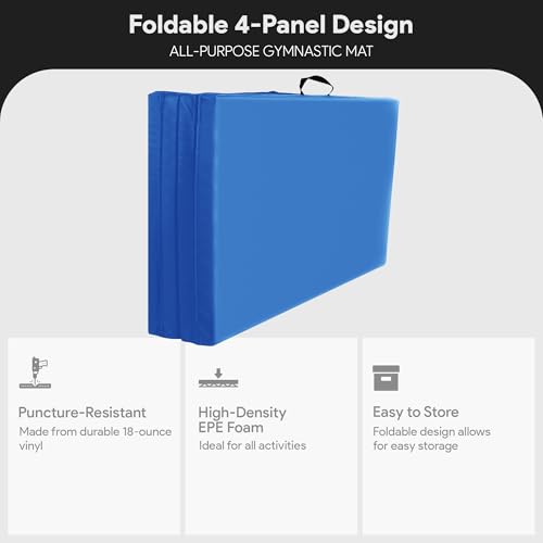 BalanceFrom 6x4 Feet 4-Panel Folding Gymnastics Mat – 2-Inch Thick Pad with Vinyl Surface and Carrying Handles for Tumbling, Yoga, Pilates, Home Workouts, and Martial Arts - color: Blue