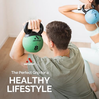 Aeromat Elite Mini Kettlebells – Weighted Exercise Medicine Ball with Anti-Slip Grip & Wide Handle, Strength Training Kettlebell for Squats, Workouts, & Home Gym Use - style: 7 LB - Light Blue