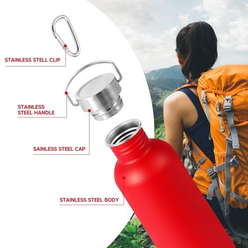 Volhoply 32oz Uninsulated Single Walled Water Bottle, Stainless Steel Sports Water Bottles with Handle, BPA Free Lightweight Water Bottles for Hiking, Biking, Running（Red,1） - color: Red
