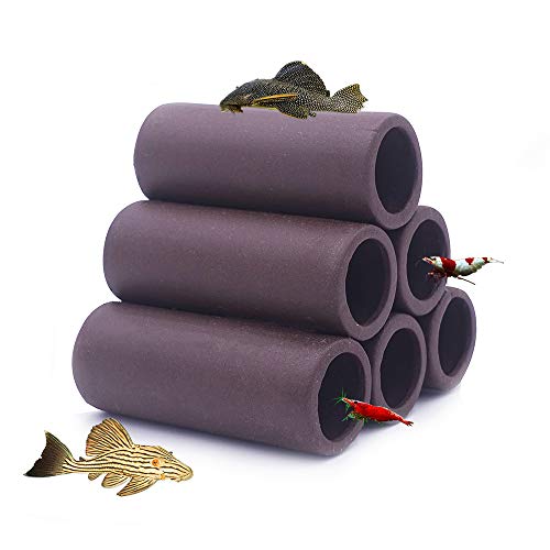 DOHO Aquarium Cave Handmade Brown Ceramic Shelters - Shrimp and Small Fish Habitat, Breeding Tube, Hiding cave - Hideaway Pipes Reduce Stress, Encourage Spawning - Aquarium Decorative Six Holes