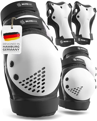 SKATEWIZ Skateboard Pads Protective Gear Set for Kids and Adults - Smash - Roller Skate Pads [6pc] with Wrist Guards - Skating Protective Gear - Roller Derby - color: Black White, size: M/L - Kids/Teens