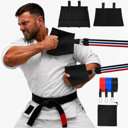 Jiu Jitsu Grip Strength Trainer - 100% Simulate Gi Fabric Grappling System (2 Sleeves & 2 Lapels), 3 TPE Resistance Bands (7 Levels) for Judo BJJ with Carry Bag