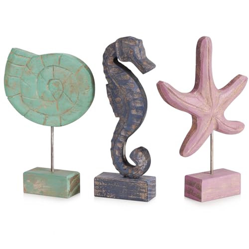 3pcs Wood Handmade Beach Nautical Style Figurines Starfish/Conch/Seahorse Statue Home Decor (Multicolor) - color: Multicolor