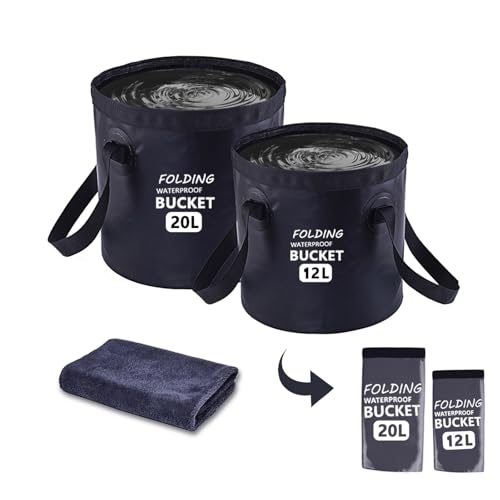 Collapsible Bucket with Handle 5 Gallon Portable Folding Bucket Upgraded Ultra Lightweight Outdoor Basin Pail for Fishing, Camping, Hiking, Car Washing and More (Black, 20L-12L)
