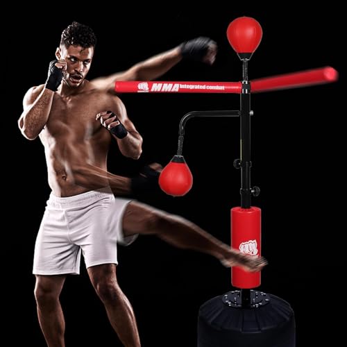 INNOLIFE Pro Boxing Training Set with Double Speed Ball and Spinning Bar | Adjustable 82-Inch Boxing Speed Trainer for MMA and Home Fitness - (Red)